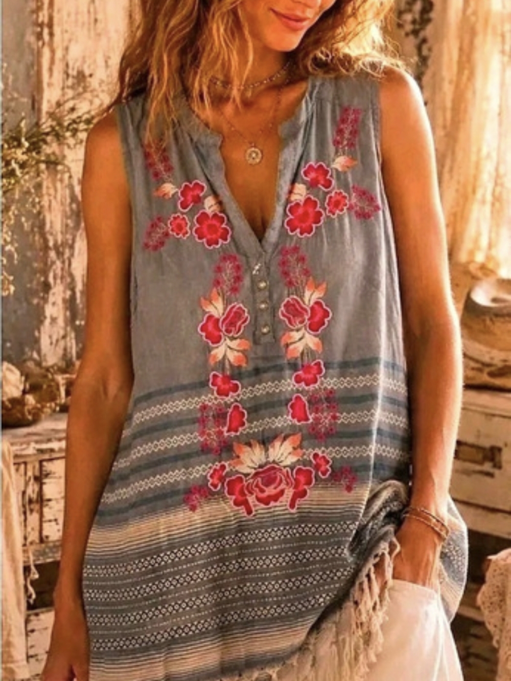 Aratta Silent Journey Blue Dusk Embroidered Fringe Top